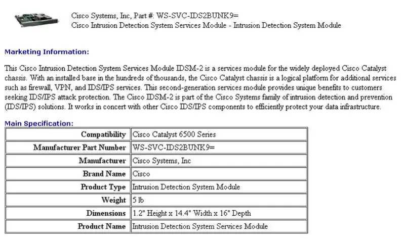 Сервисный модуль- Cisco Catalyst 6500 IDSM-2 Module WS-SVC-IDS2BUNK9= 3